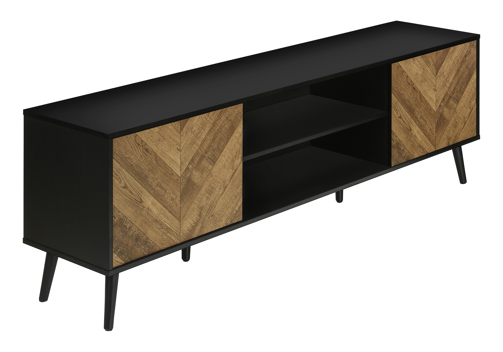 TV STAND - 72"L / BLACK WITH 2 WOOD-LOOK DOORS 